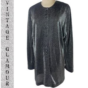 Vintage Shimmer Blouse 1980s 1990s Dressy Sparkle Disco Ball Button Black Silver